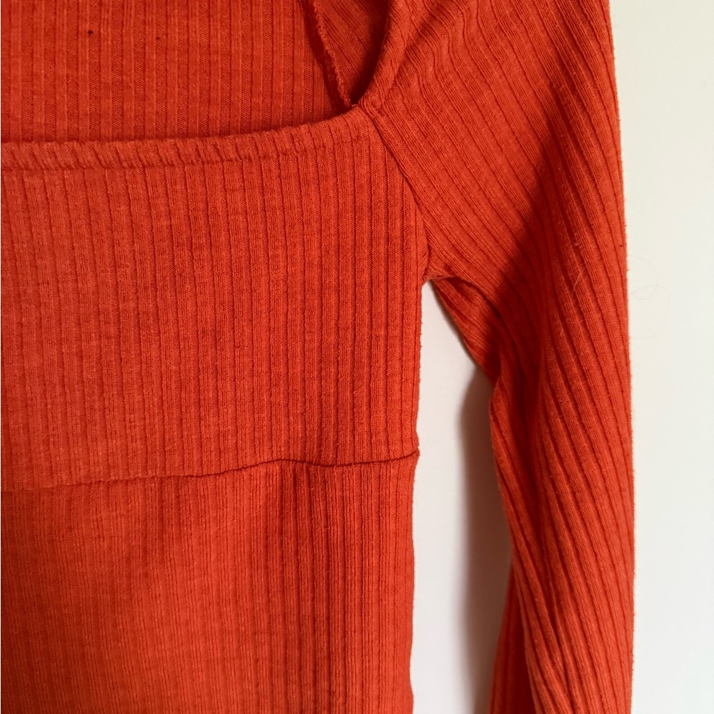 Vibrant Orange Urban Outfitters Orla Ribbed Knit Square Neck Cropped Long Sleeve - Picture 6 of 11